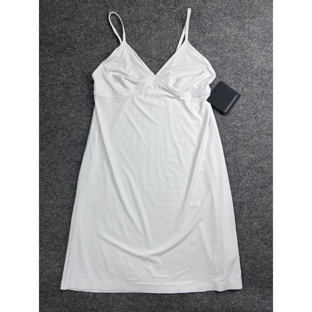 Norma Kamali White Slip Dress to Knee V-Neck Spaghetti Strap Stretch Large
